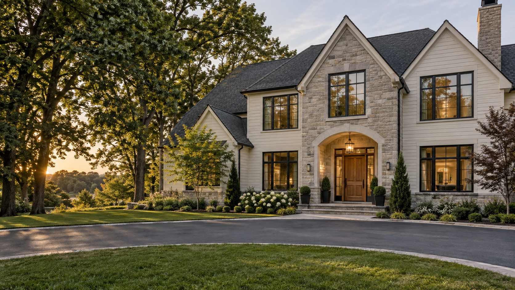 Home with black-framed windows, natural stone, and a warm wood entry