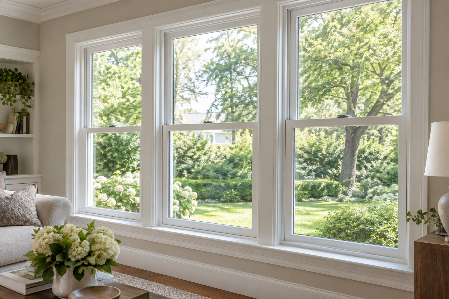 White double-hung windows in a bright classic living room