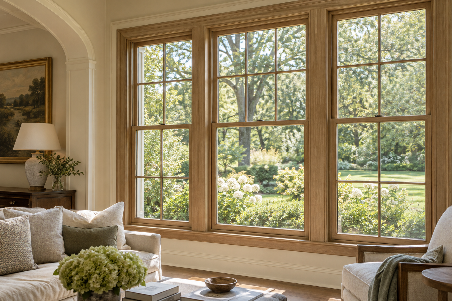 Natural wood-framed windows in a sunlit traditional living room